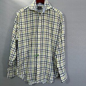 TD Thomas Dean Shirt Mens Small Yellow Plaid Cotton Button Up Contrast Cuffs